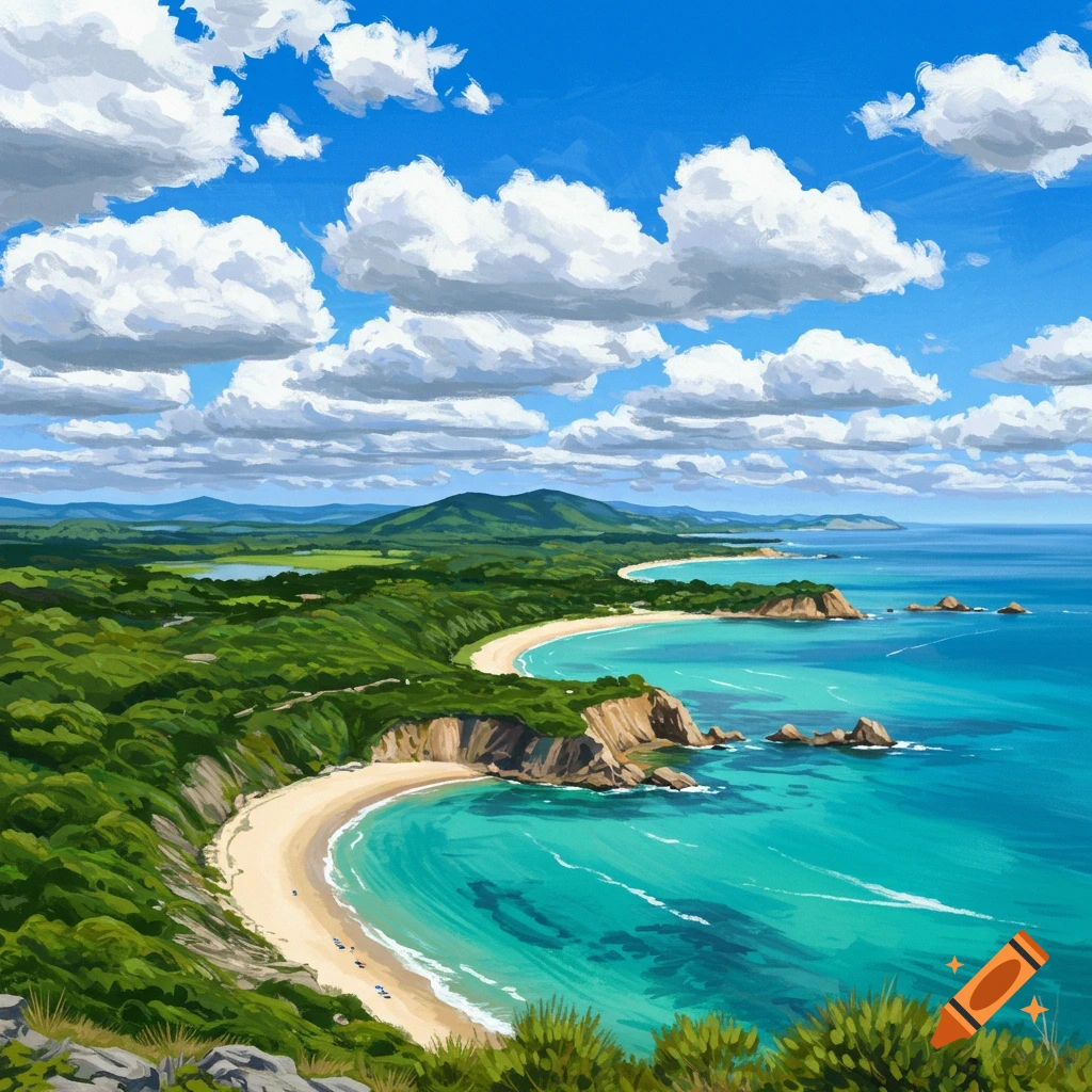 A scenic coastal bay with a sandy beach, turquoise water, green hills, and fluffy clouds.