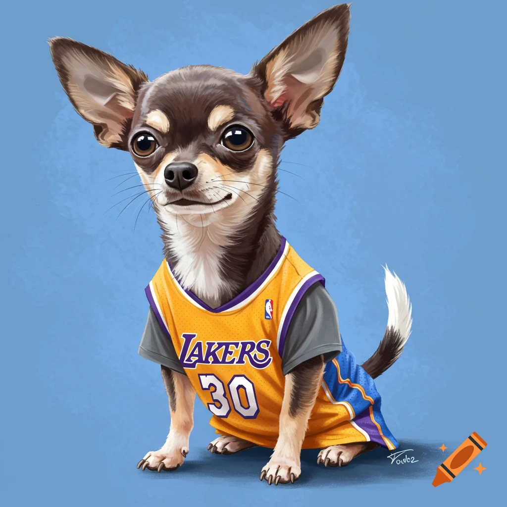 A Chihuahua wearing a Lakers basketball jersey