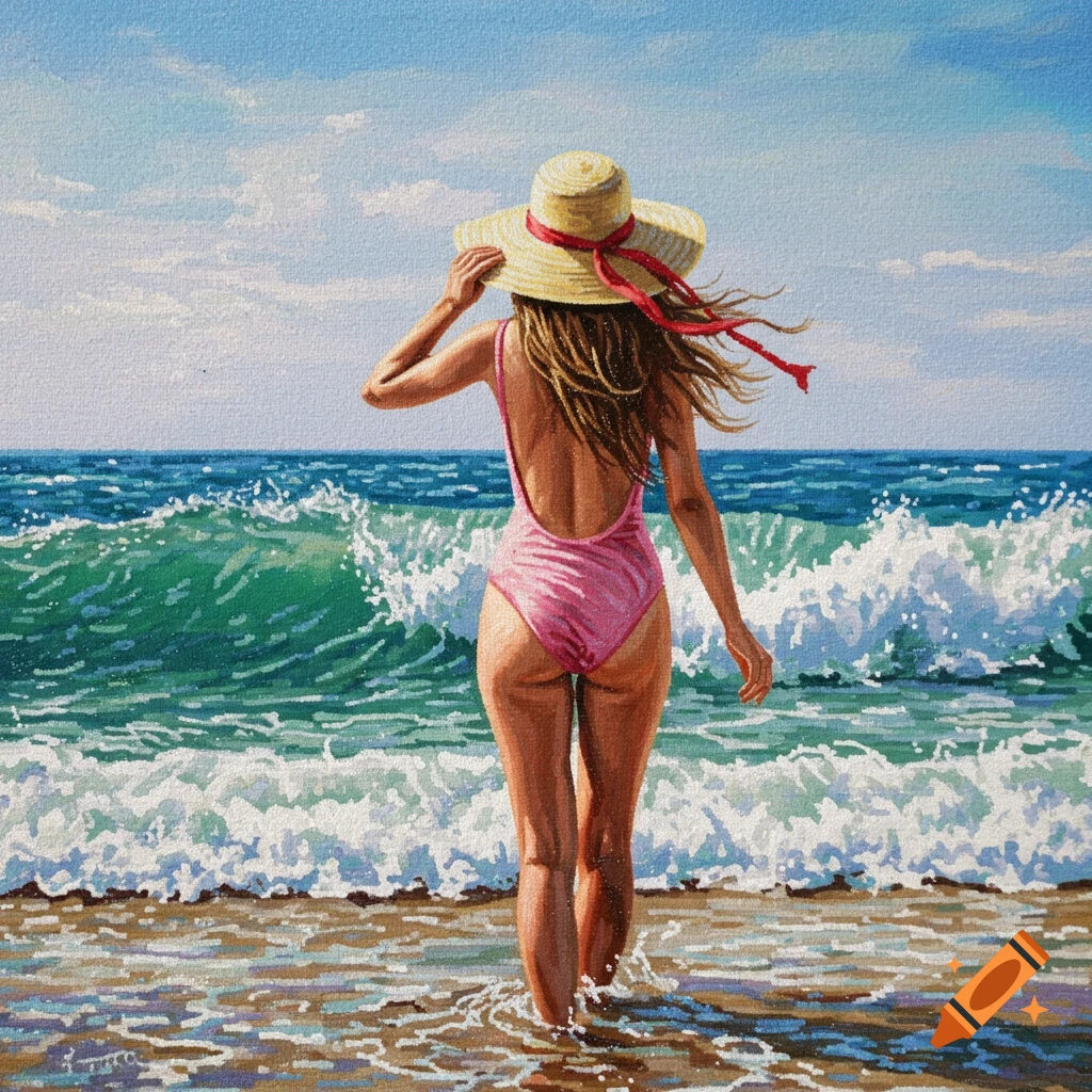 Painting of woman in pink swimsuit & hat walking in ocean waves, back view