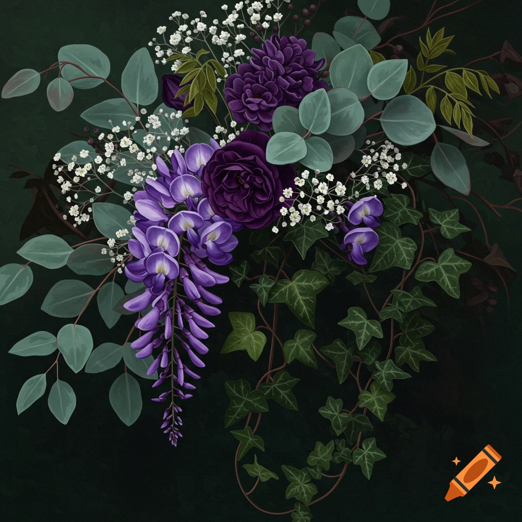A bouquet with purple flowers, wisteria, baby's breath, eucalyptus, and ivy.