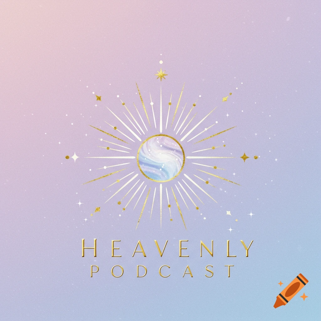 Logo with blue and purple swirls, golden rays, stars, and 'HEAVENLY PODCAST' text on a gradient background.