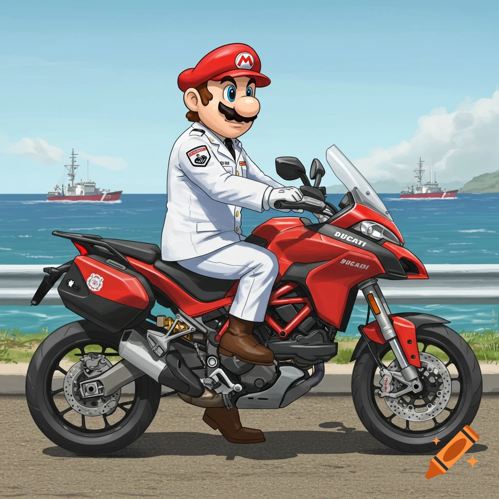 Mario is riding a red Ducati motorcycle in a white U.S. Coast Guard uniform by the sea.
