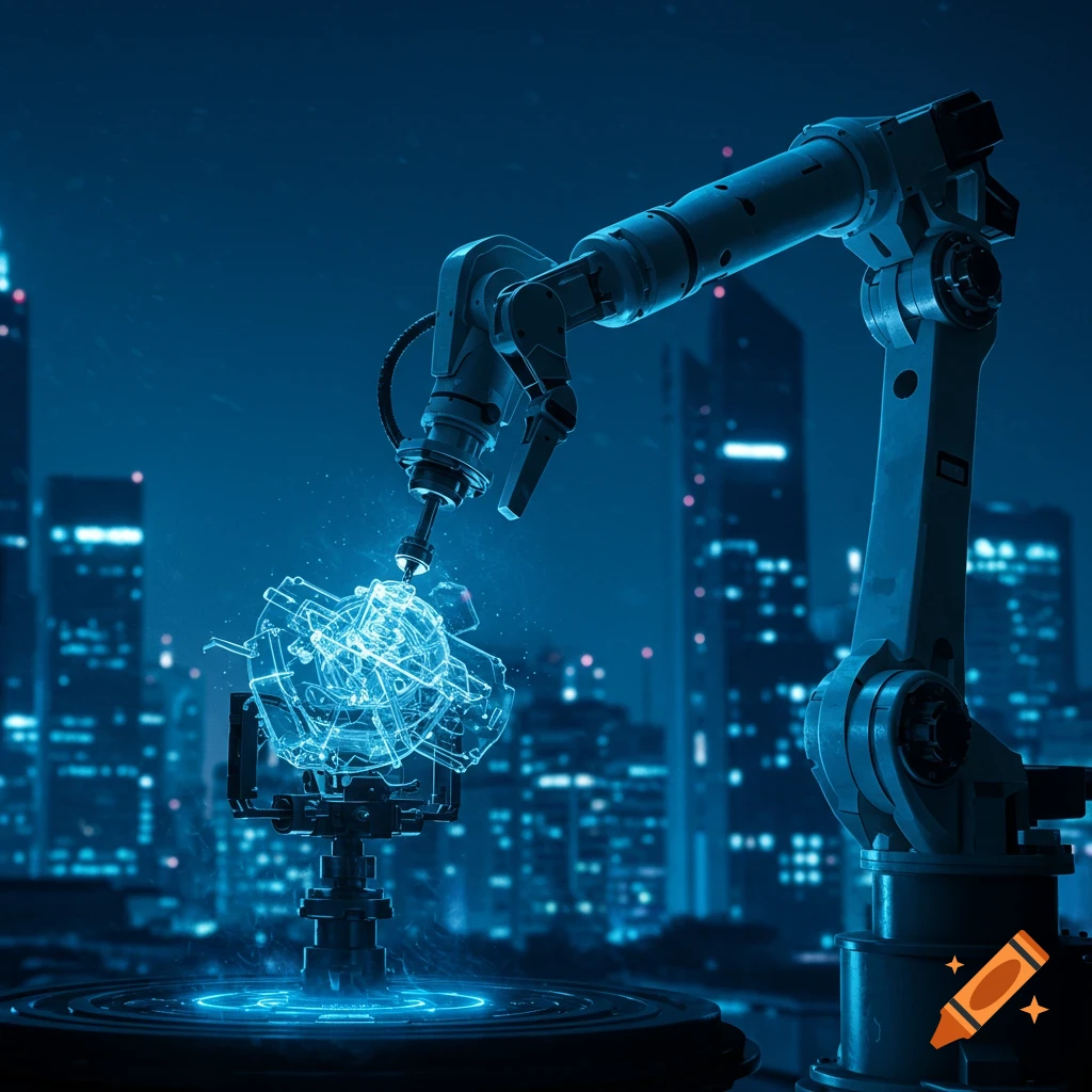 A robotic arm works on a glowing holographic machine against a futuristic city skyline at night.