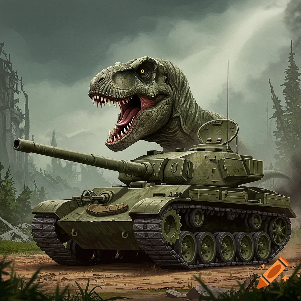 A T-Rex dinosaur head and neck emerging from a military tank in a ruined landscape.