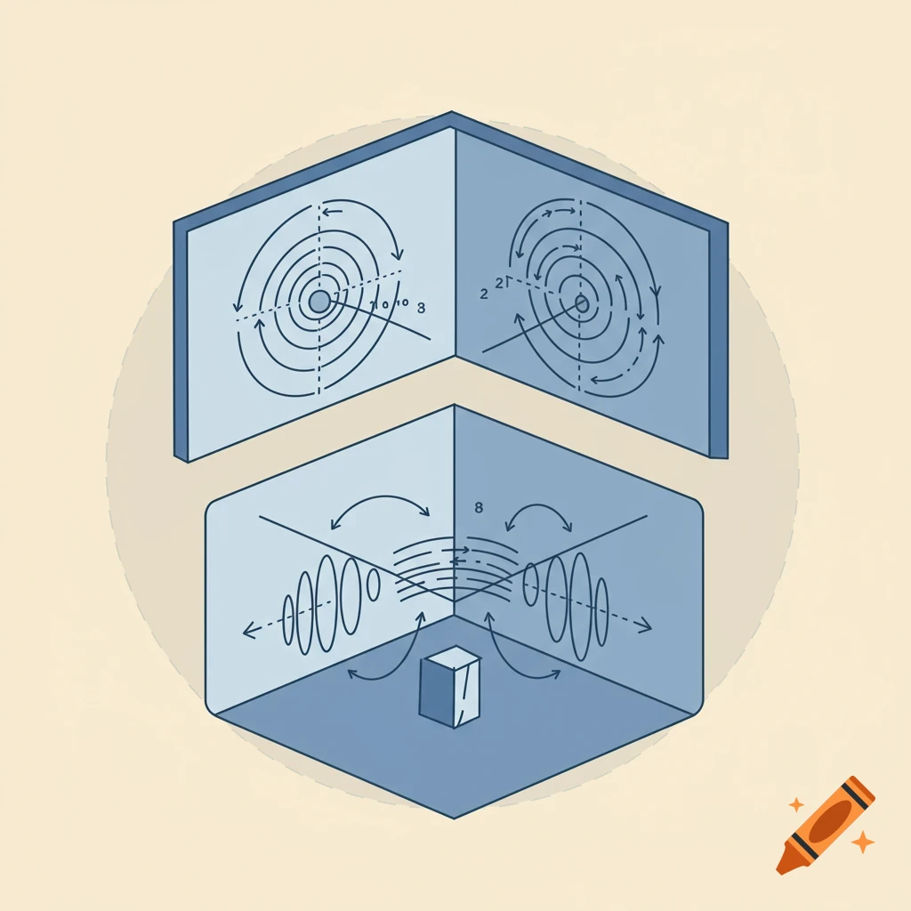 Technical vector diagram showing sound waves and reflections in a room with measurements and arrows.