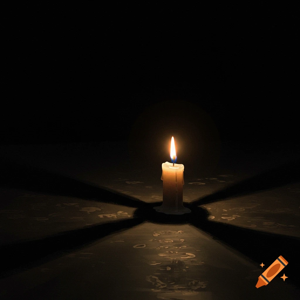 A single lit candle in a dark space casting shadows on a reflective surface.