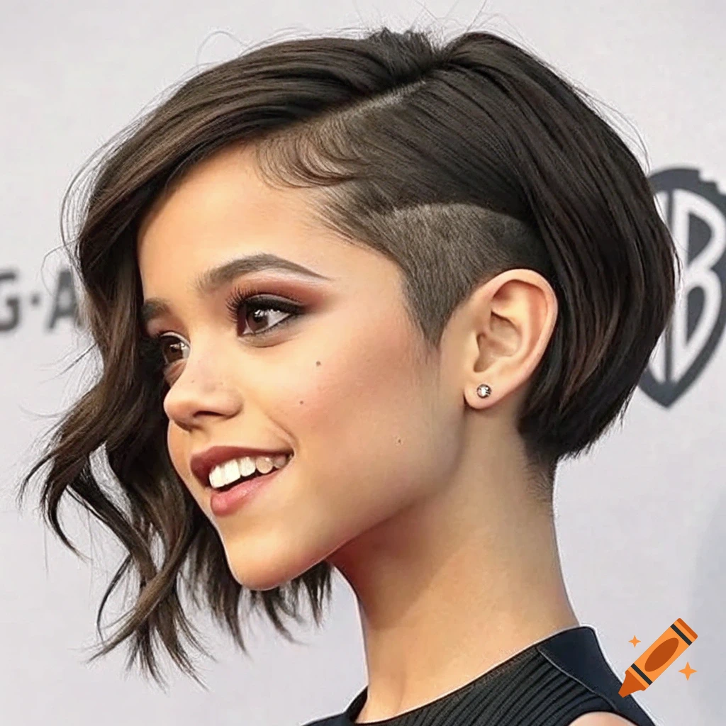Photorealistic portrait of Jenna Ortega smiling in profile with an undercut bob hairstyle.