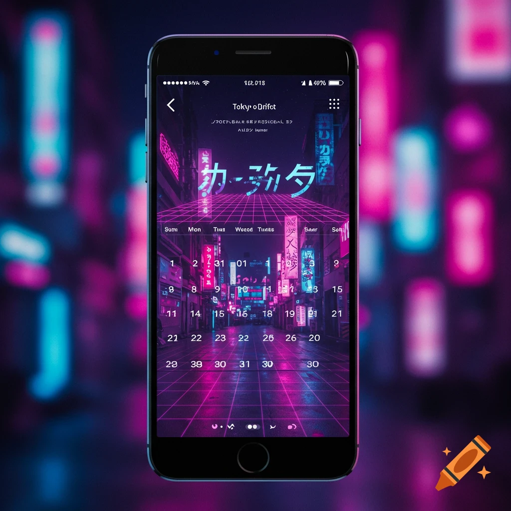 A smartphone screen displaying a calendar overlayed on a neon pink and blue synthwave-style cityscape.