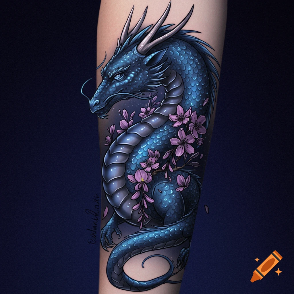 A blue dragon with pink cherry blossoms tattooed on an arm