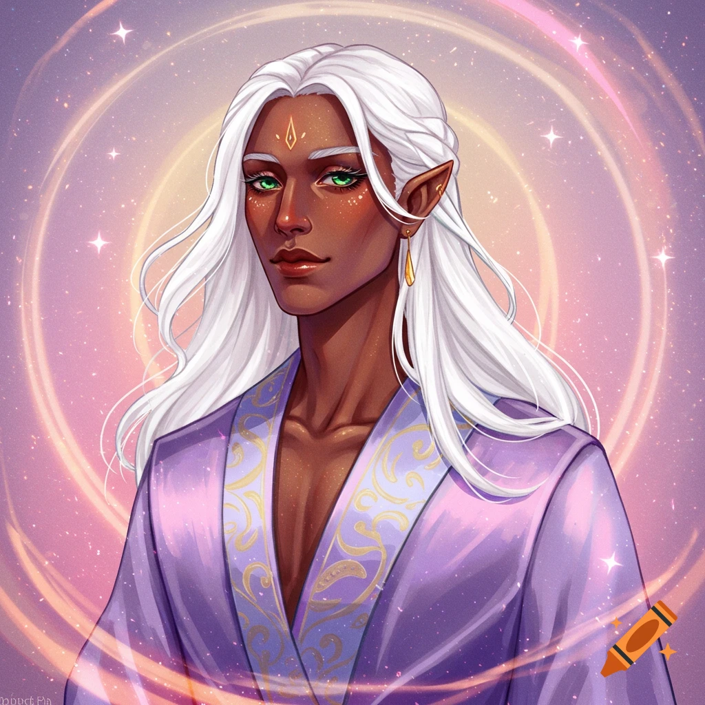A fantasy person with white hair, green eyes, dark skin, in a purple robe with a magical background.