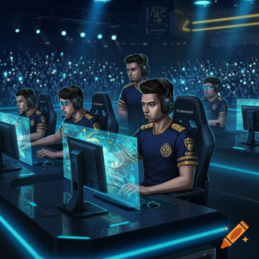 A navy esports team playing in a brightly lit stadium.