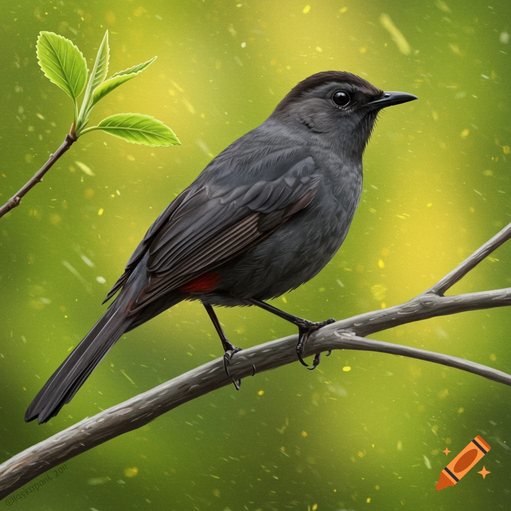 A gray catbird perches on a branch against a soft green and yellow background.