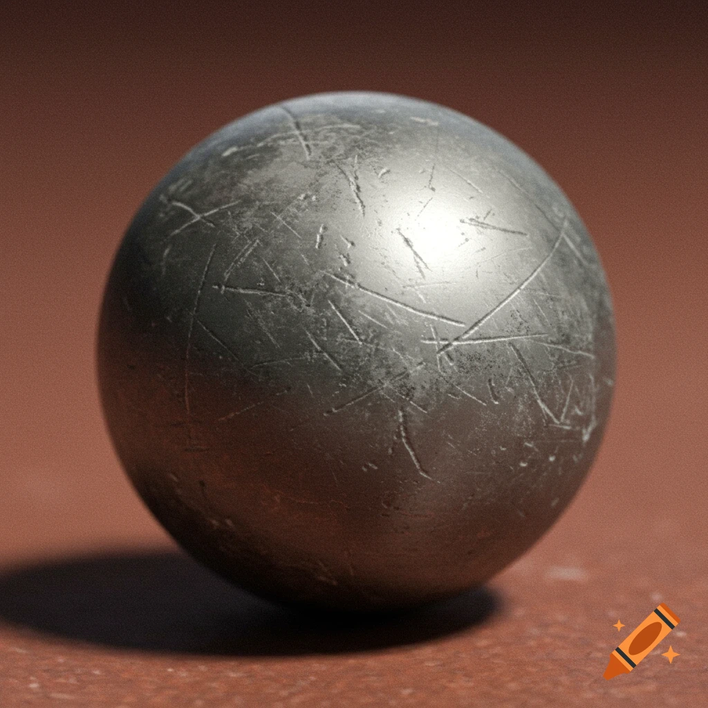 Close-up of a scratched metal shotput on a reddish-brown surface.