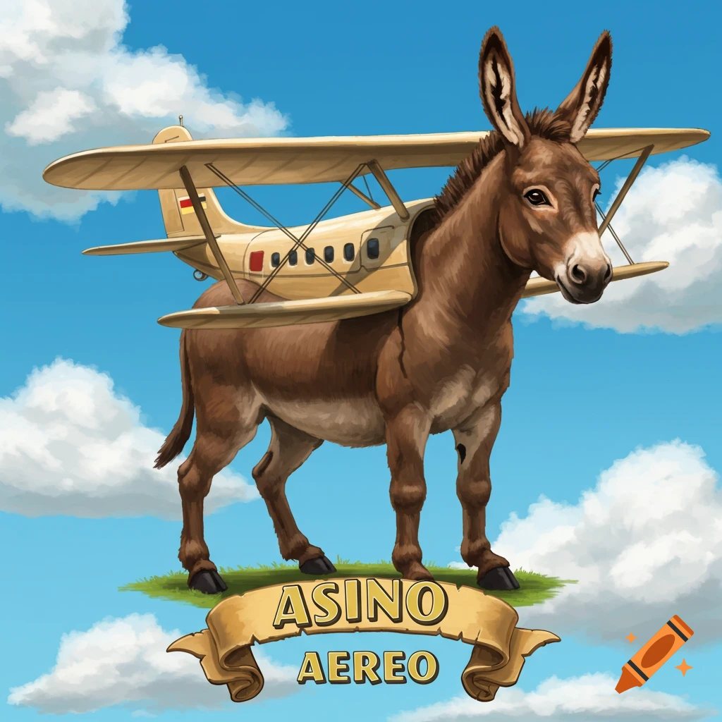 Illustration of a donkey carrying an airplane on its back, with a banner reading 'ASINO AEREO' in a sky background.