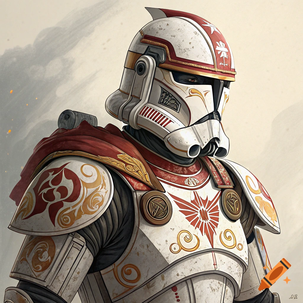 Close-up portrait of a Star Wars Clone Trooper in Phase One armor with white, red, and gold designs.