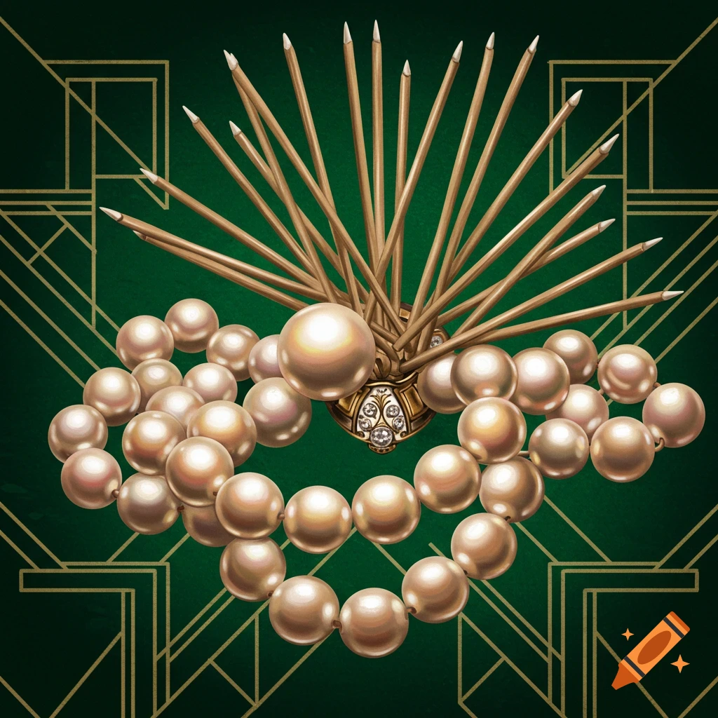 Pearls and a golden ornament are arranged against a green Art Deco background.