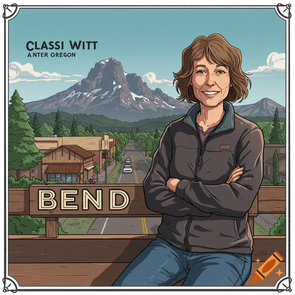Illustrated portrait of a woman sitting outdoors with a town and mountains in the background. Text says "CLASSI WITT ANTER OREGON" and "BEND".