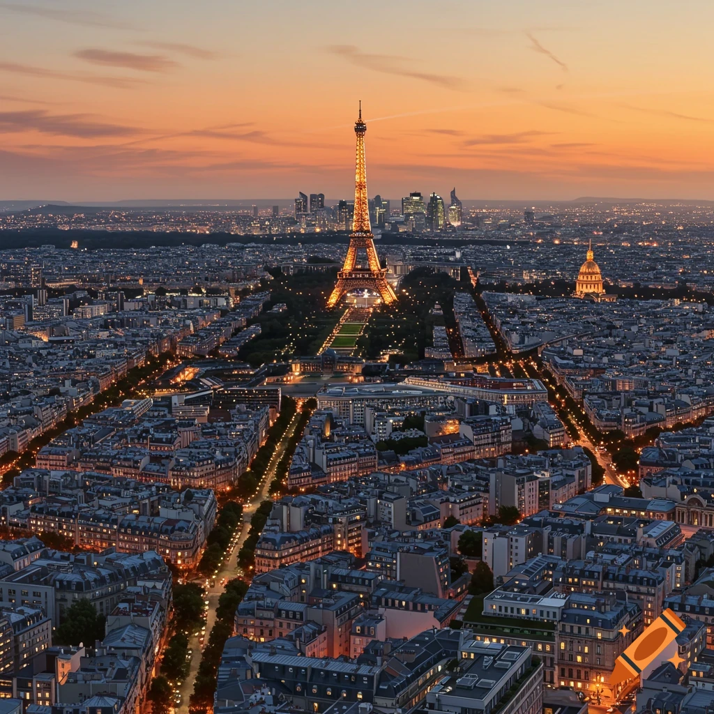 Aerial view of the illuminated Eiffel Tower and Paris cityscape at sunset.
