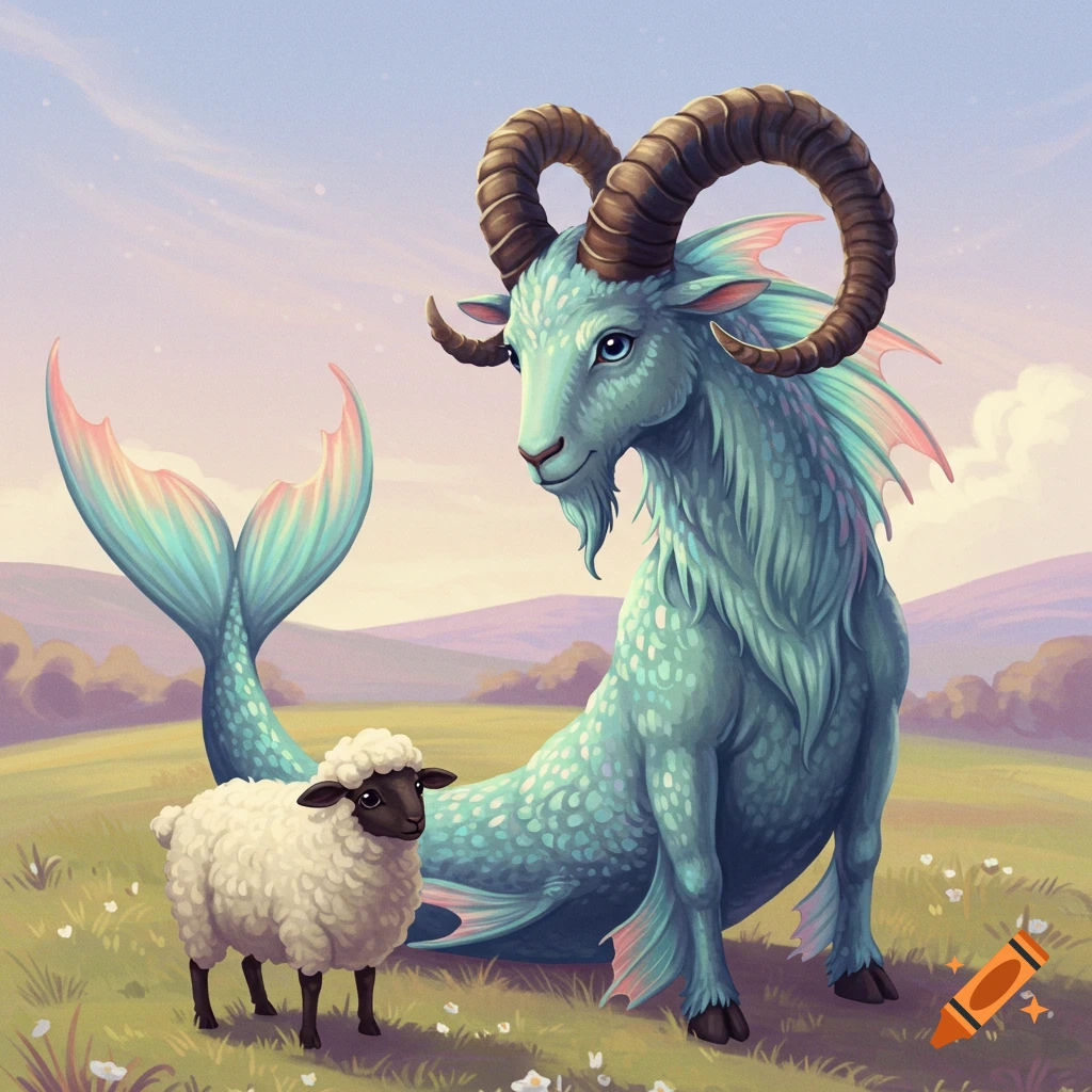 A blue sea-goat creature with a fish tail stands next to a small sheep in a grassy field.