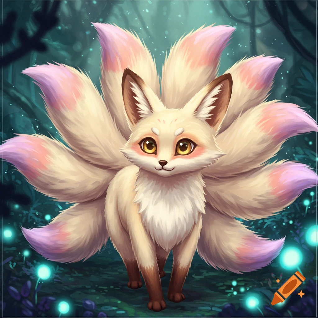 A cute mythical fox creature with multiple tails stands in a forest with glowing plants.