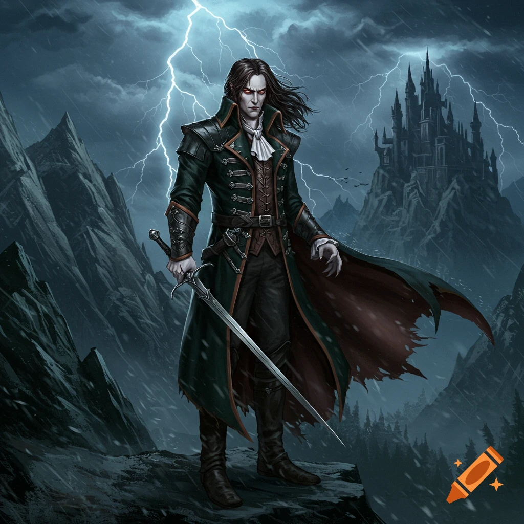 A man in gothic attire stands on a stormy mountainside with lightning behind him and a gothic castle in the distance.