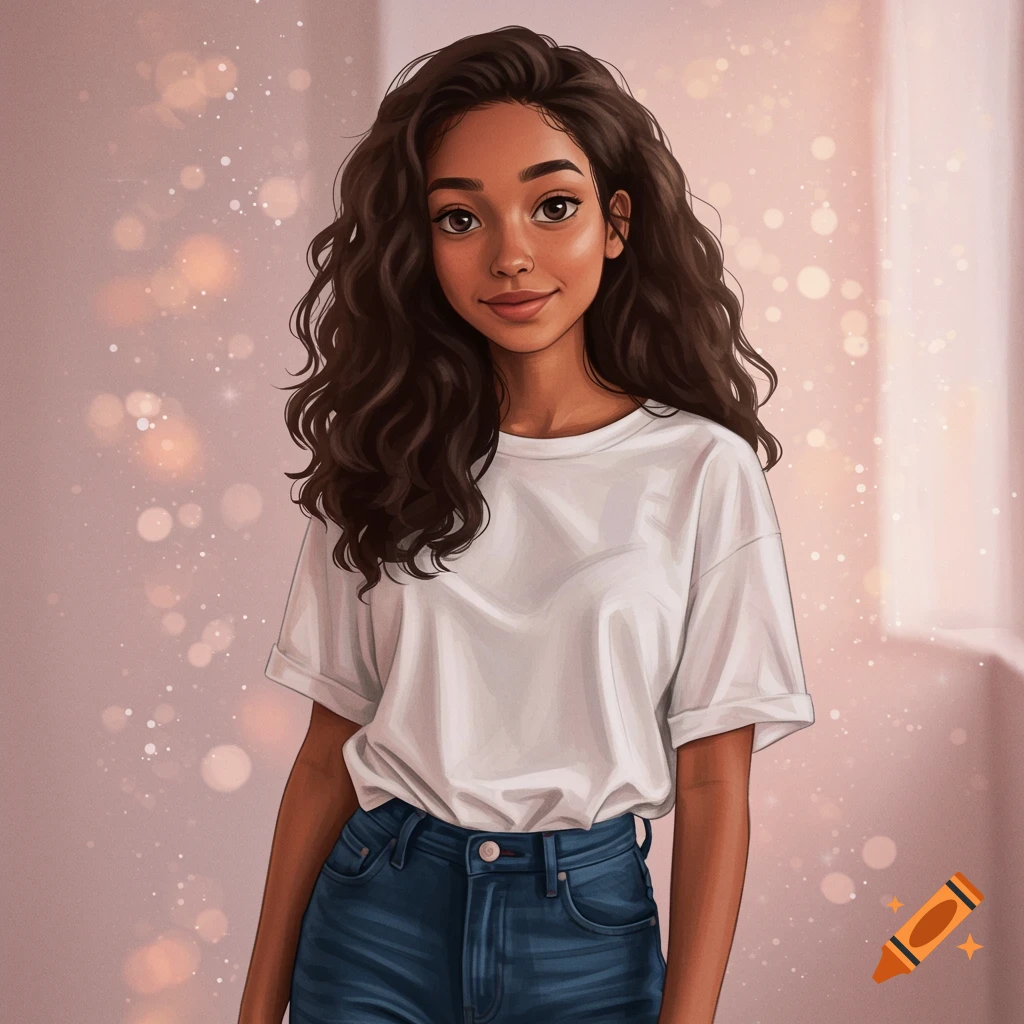 A young woman with long brown wavy hair, white t-shirt, and jeans.