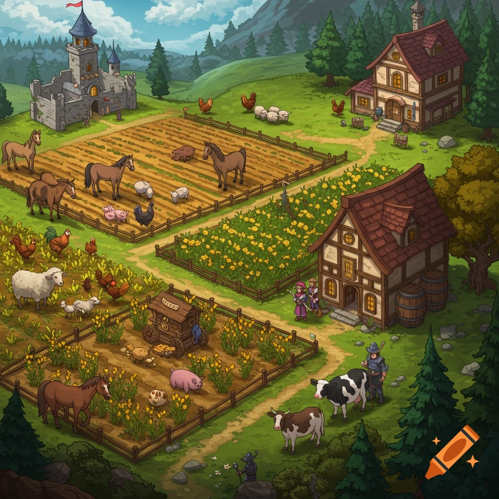 A fantasy medieval village and farm scene with a castle, houses, crops, and various animals.