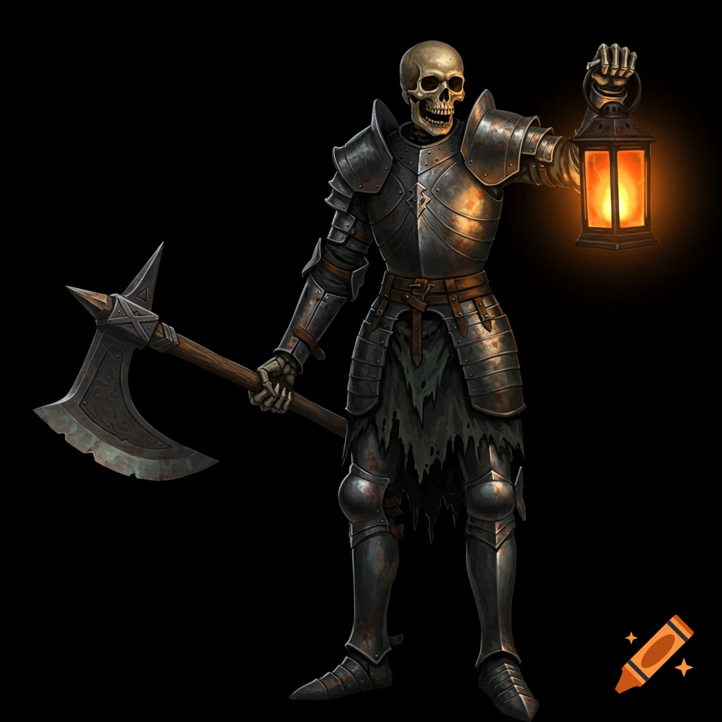 An armored skeleton holds an axe and a lit lantern.
