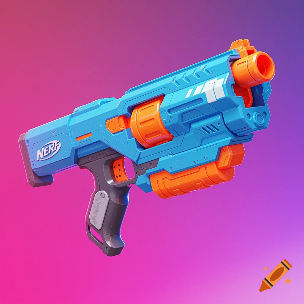 A hyperrealistic image of a blue and orange Nerf gun against a pink and purple gradient background.