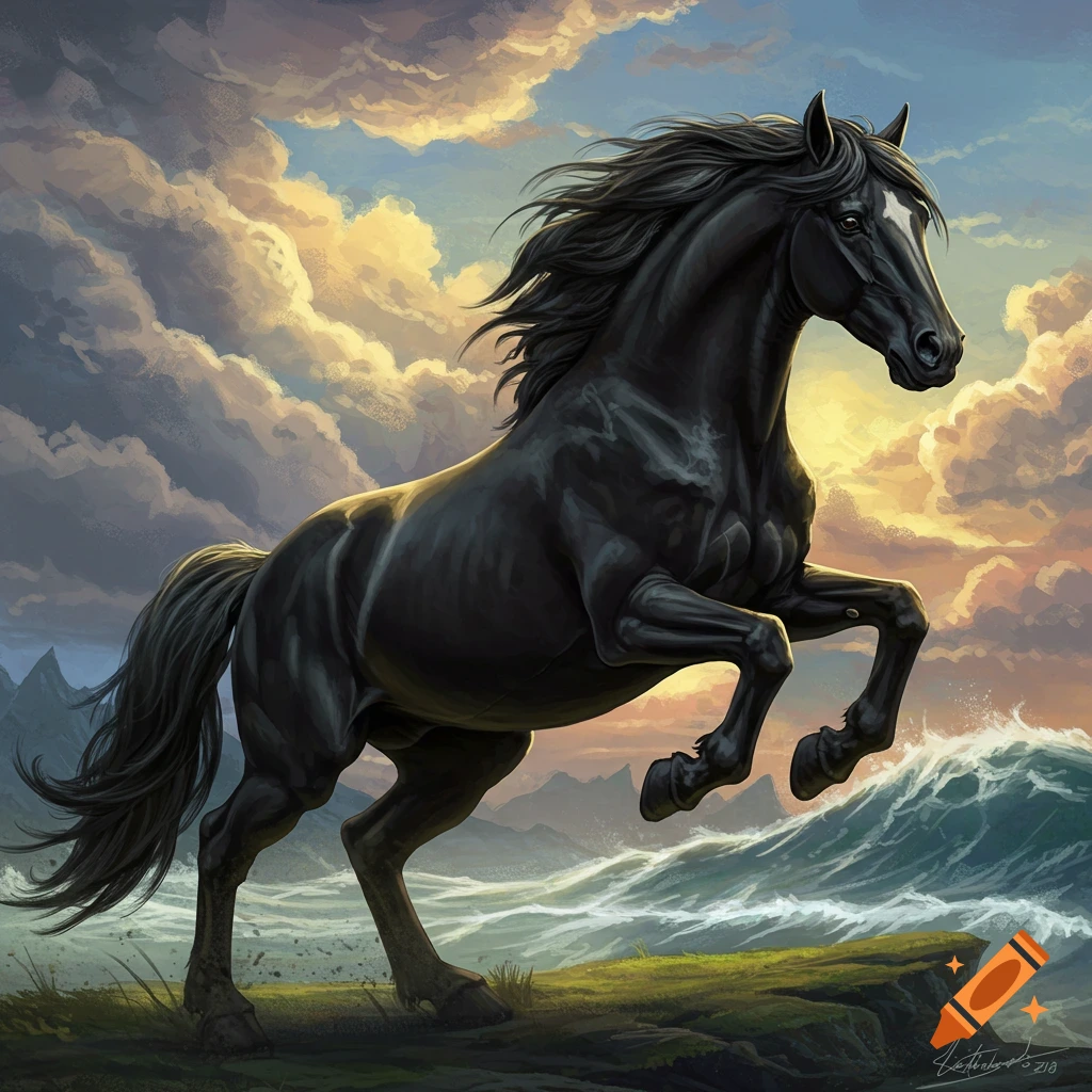 A black horse rears up on a cliff overlooking stormy waves under dramatic clouds.