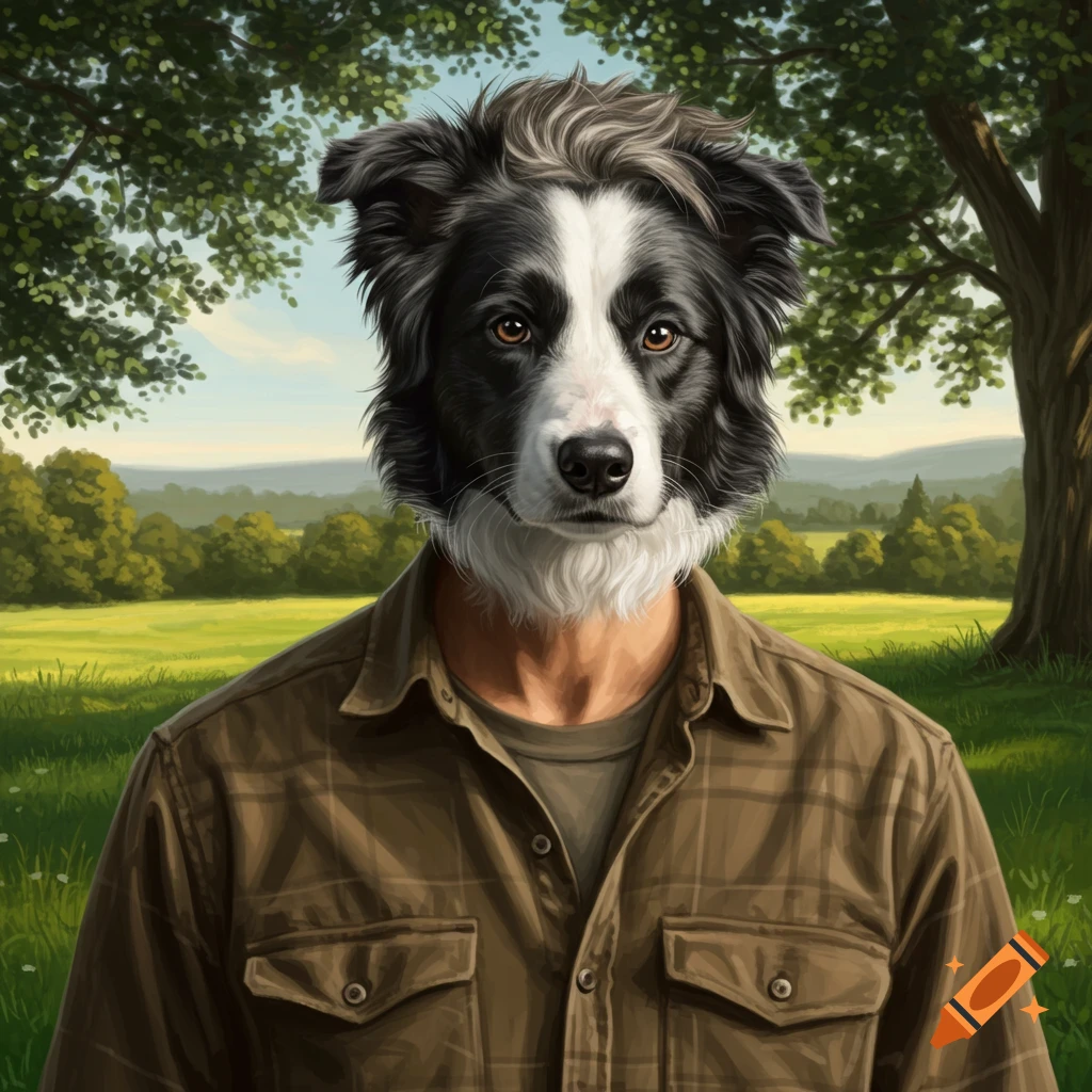 A person with a border collie head wearing a plaid shirt in a field.