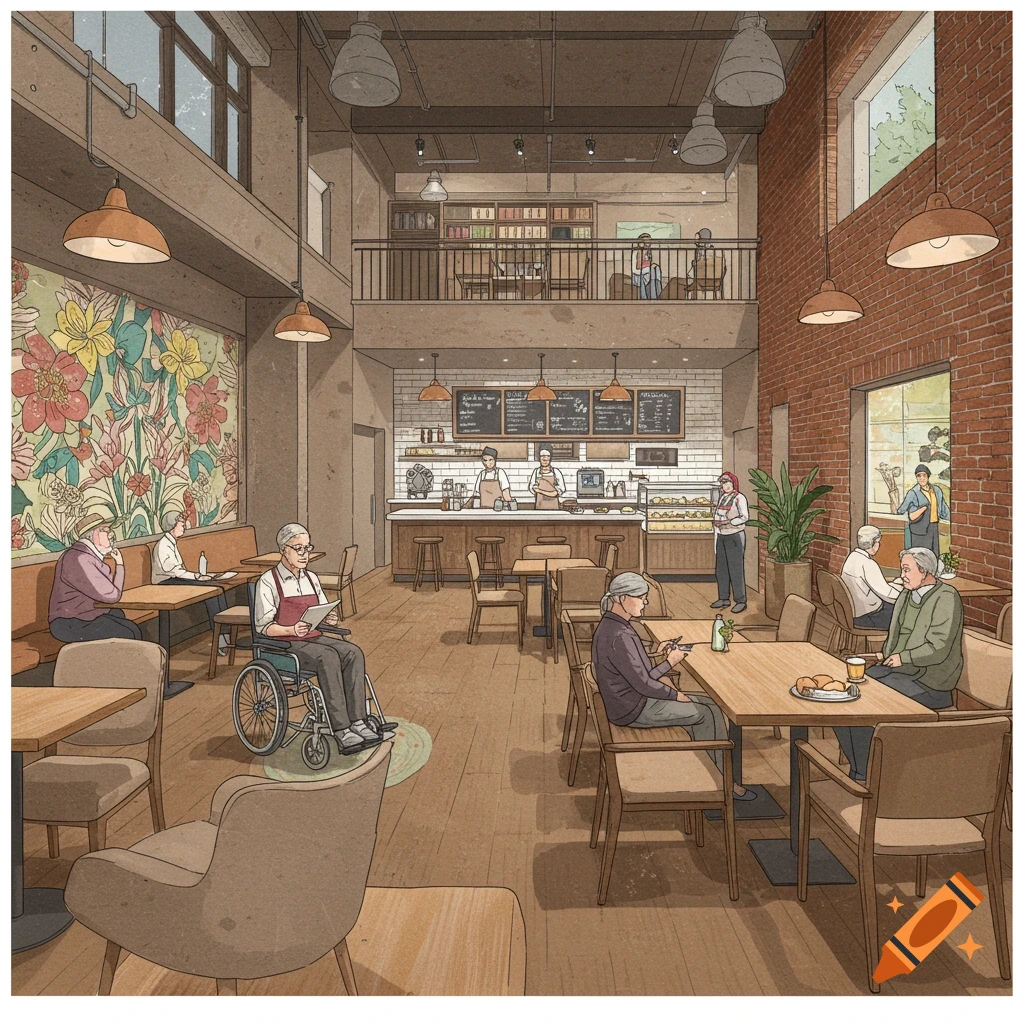 A bustling cafe interior is depicted, featuring several senior citizens enjoying the atmosphere. An open kitchen is visible, adding to the lively scene, and a mezzanine level overlooks the main area.