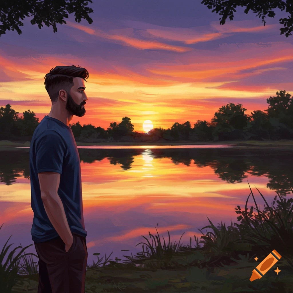 A man by a lake watching the sunset.