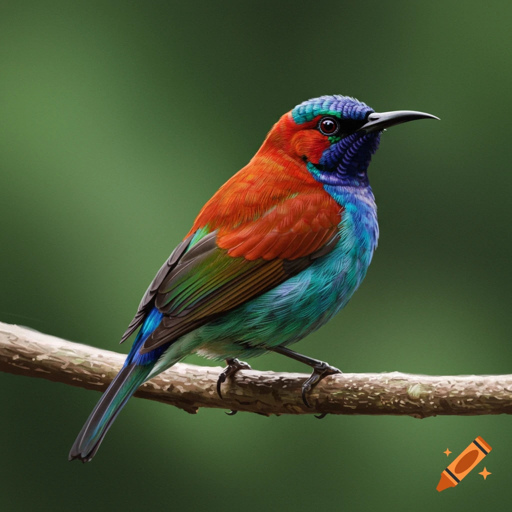 A colorful bird with red, blue, and green feathers perched on a branch.