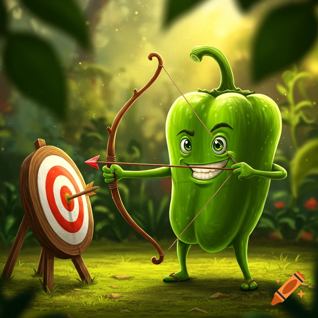 A cartoon green pepper aims a bow and arrow at a target in a forest.
