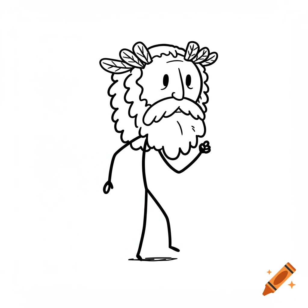 A black and white stick figure drawing of a bearded figure with a leafy crown.