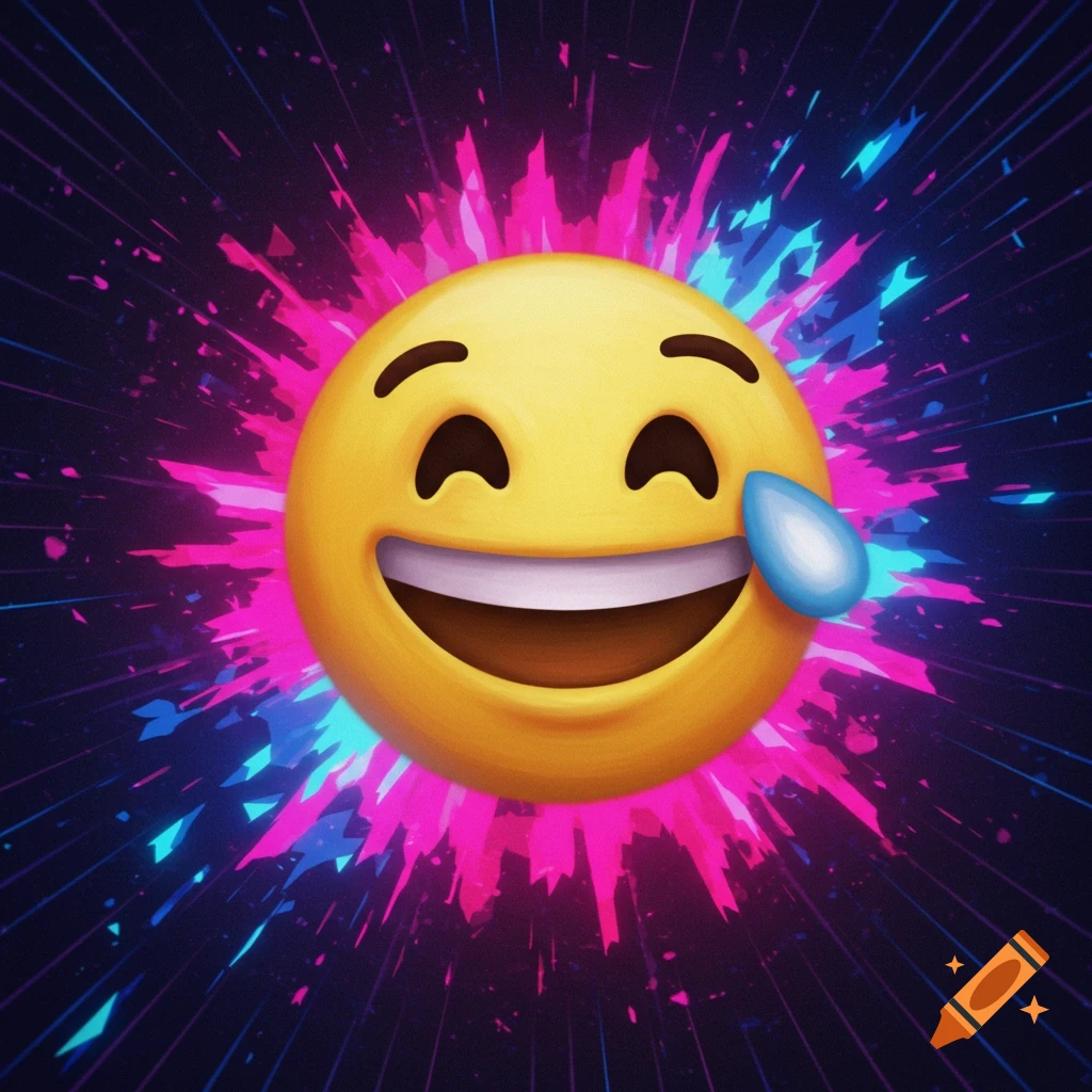 A laughing emoji with a tear, surrounded by abstract pink and blue shapes.