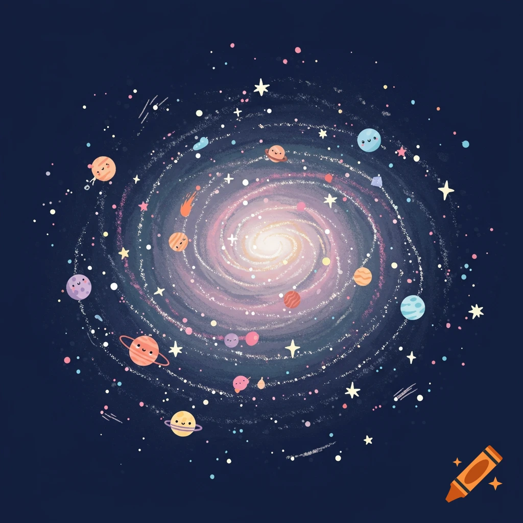 A cartoon galaxy with colorful planets that have faces and stars.