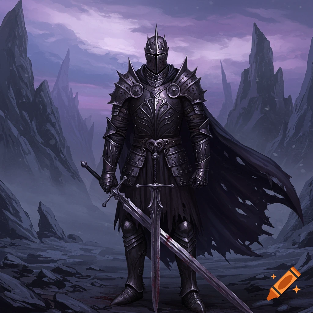 A dark fantasy knight in elaborate black armor stands in a desolate rocky landscape, holding two large swords.