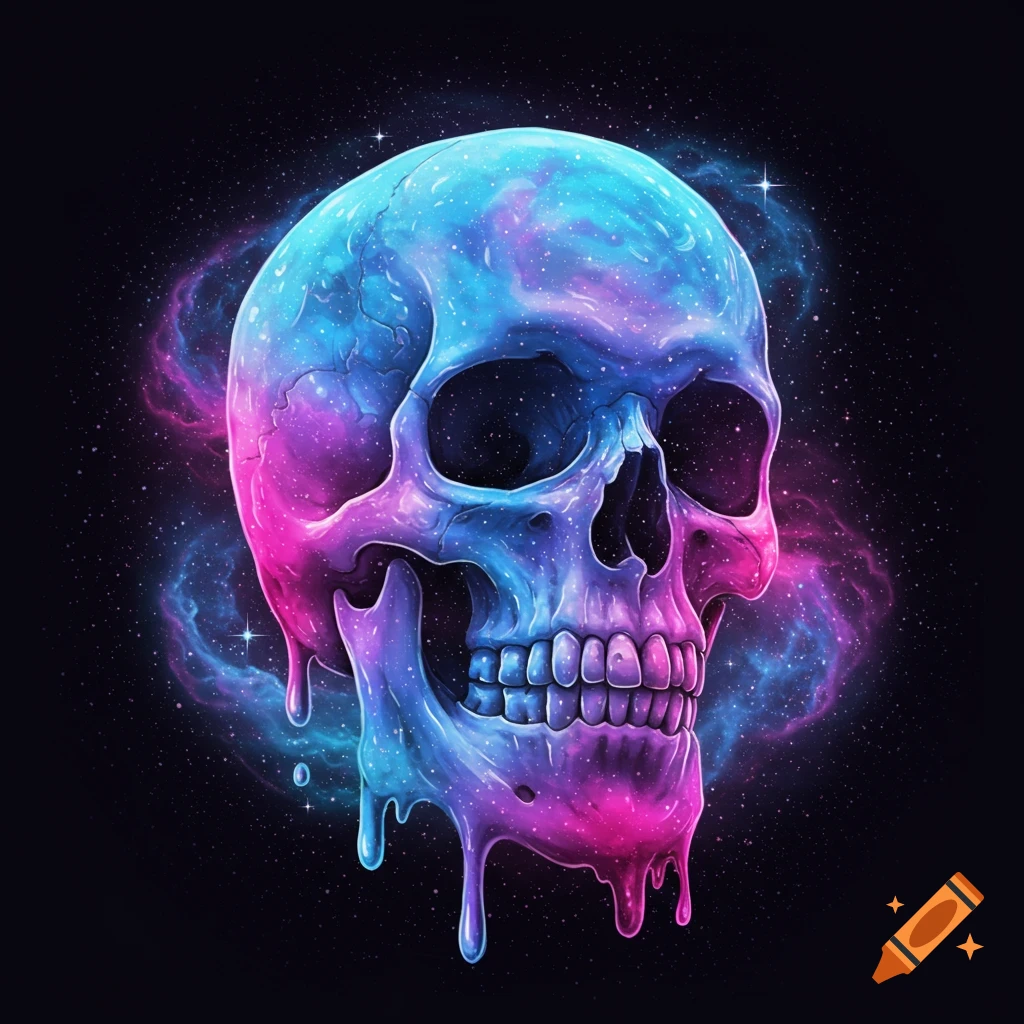 A melting skull with a galaxy pattern against a starry background