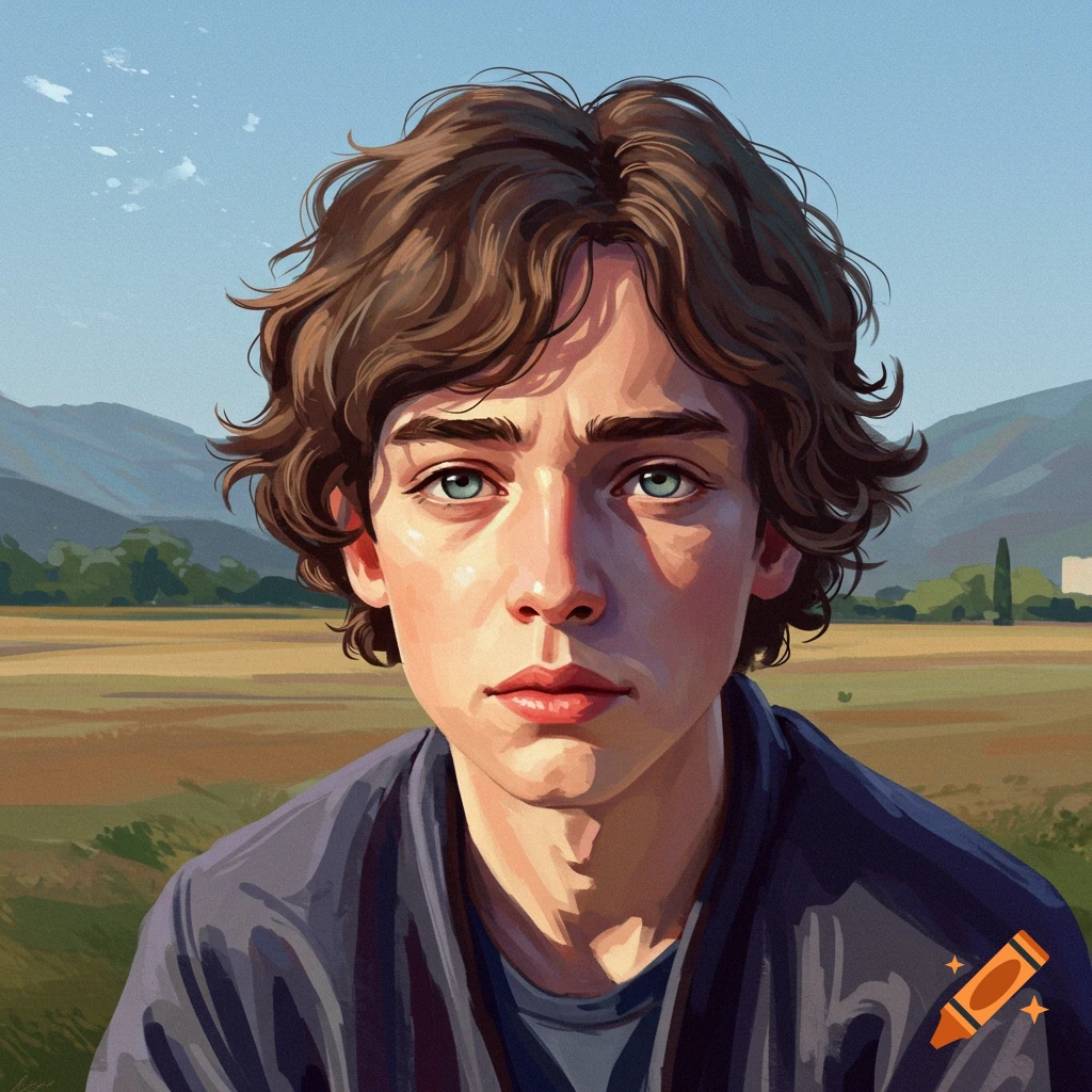 A young person with wavy brown hair is looking ahead. They are in a field with hills in the background.