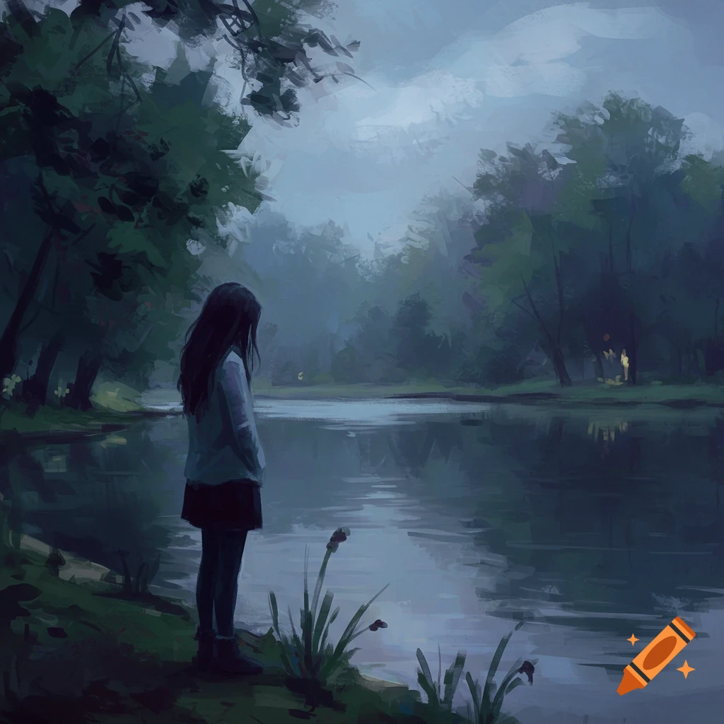 A somber painting of a solitary girl standing by a lake, looking into the dark forest.
