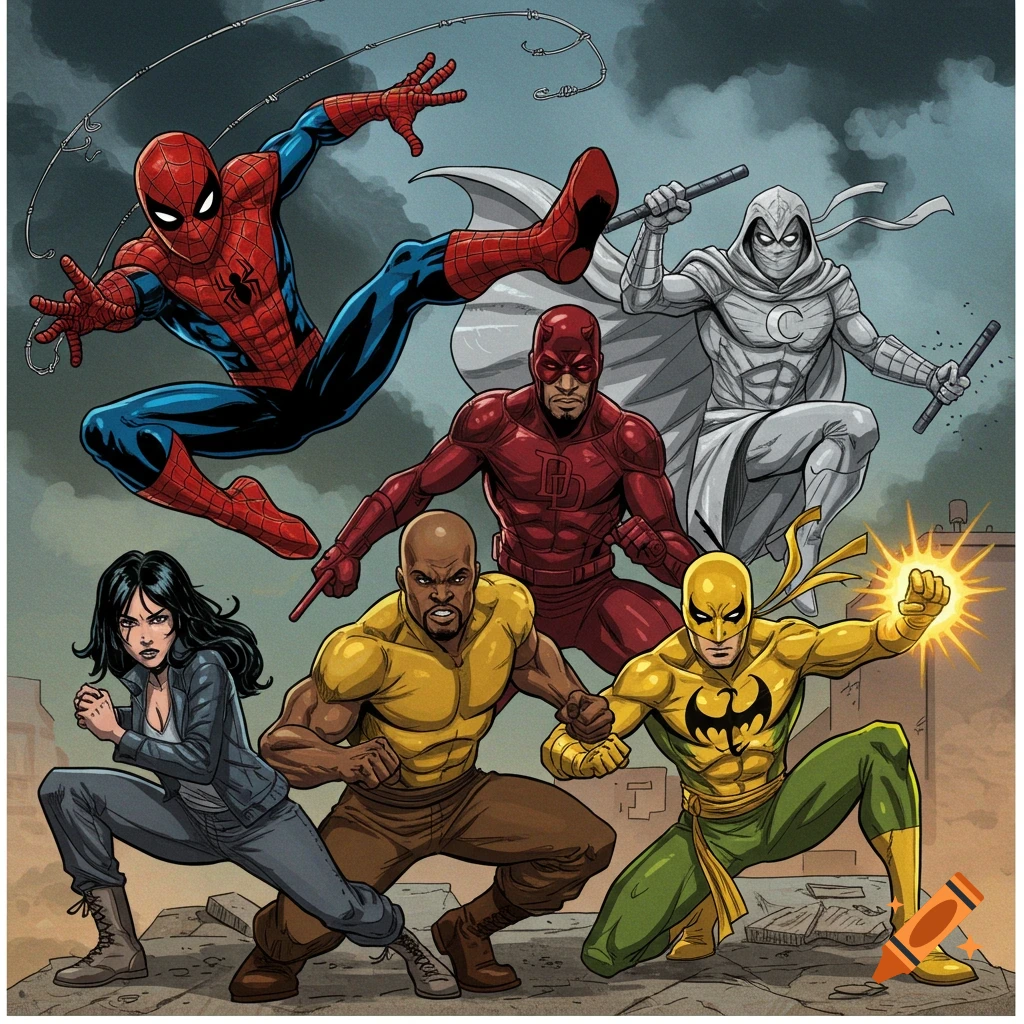 A group of comic book superheroes including Spider-Man, Daredevil, Moon Knight, Luke Cage, Iron Fist, and Jessica Jones ready to fight in a dynamic pose.