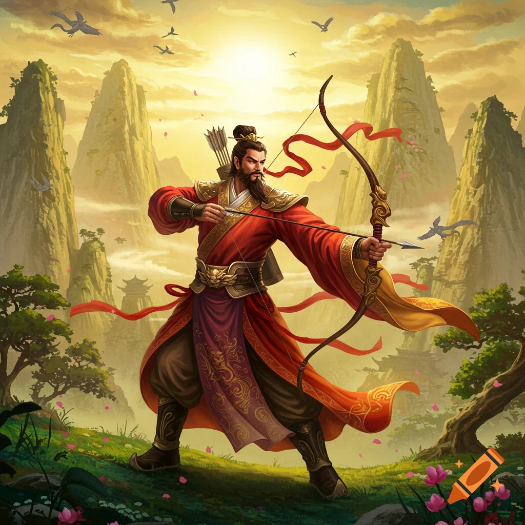 Legendary Chinese archer Hou Yi aiming his bow in a mountainous landscape at sunset.