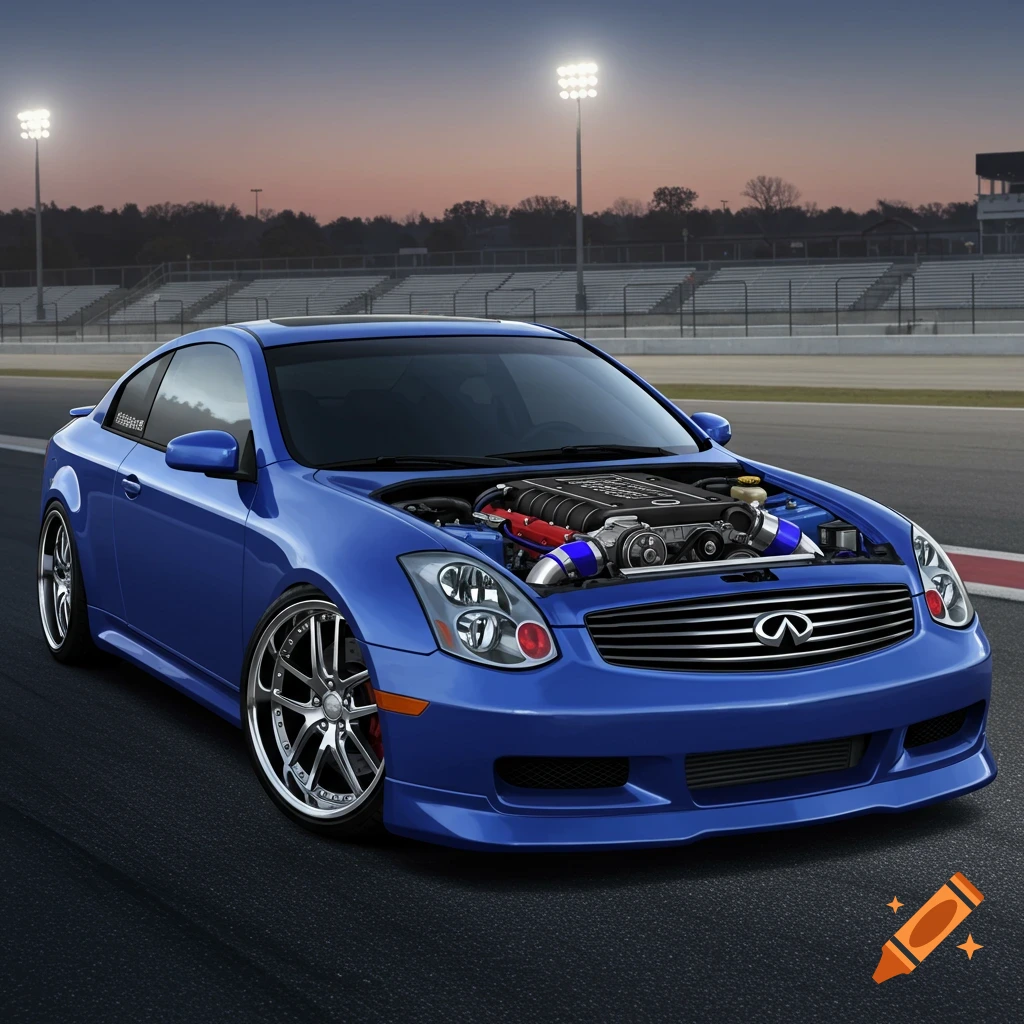 Blue Infiniti G35 with open hood showing engine on a race track at dusk