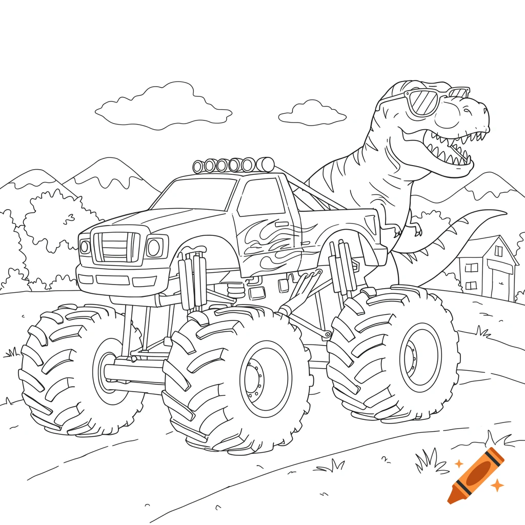 Line drawing coloring page of a monster truck and a dinosaur wearing sunglasses in a landscape.