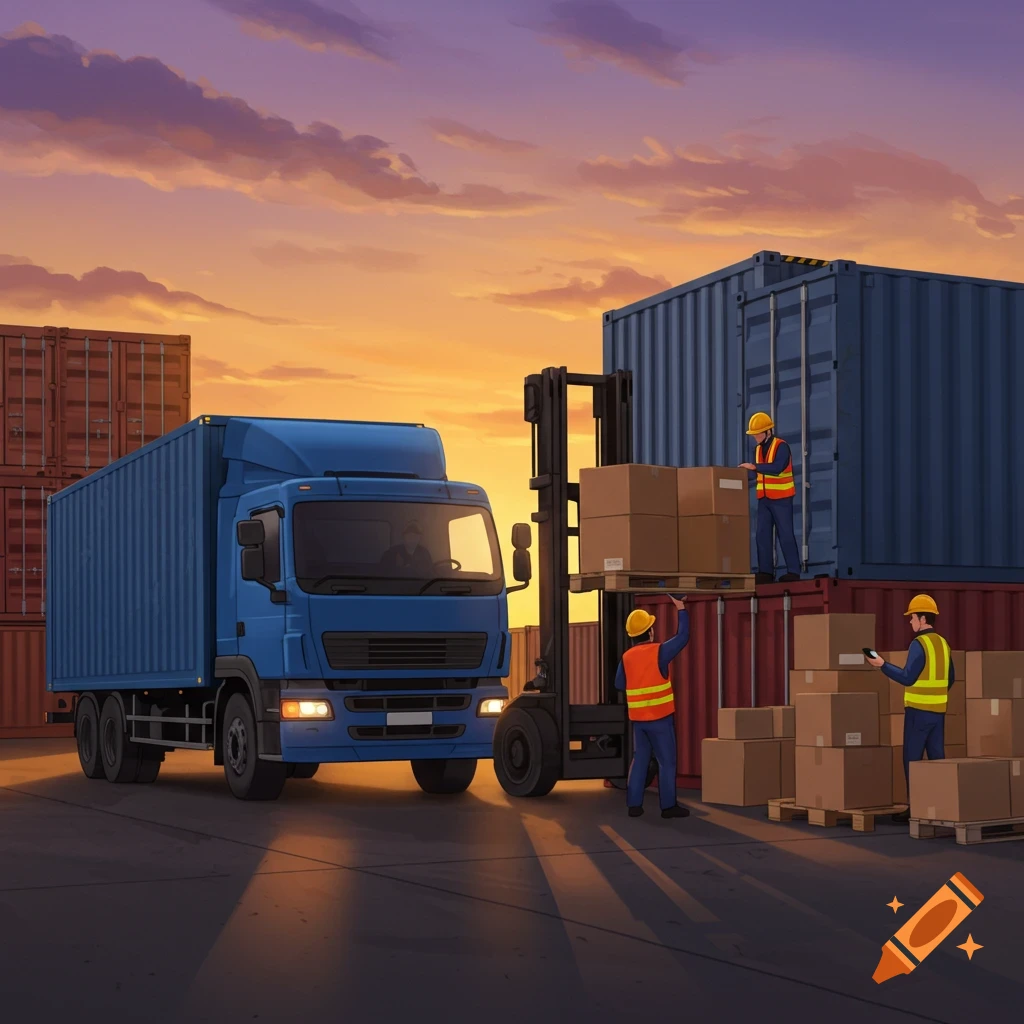 Blue truck, forklift, and workers moving boxes and containers in a port yard at sunset.