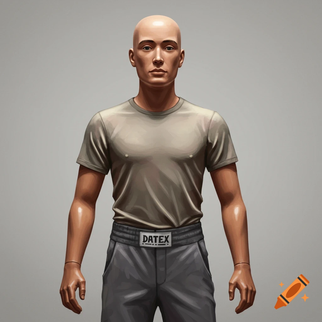 A bald dummy wearing a t-shirt and pants.