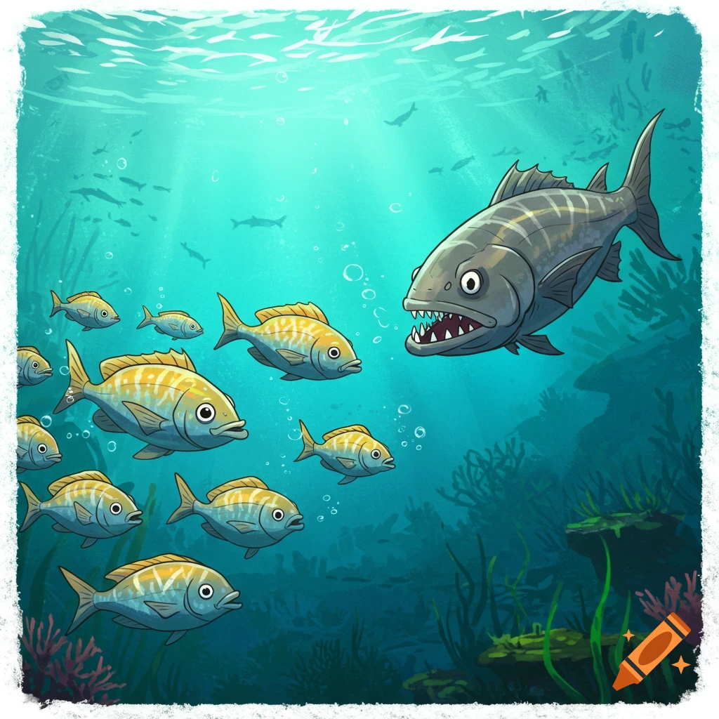 Cartoon illustration of small yellow fish swimming away from a large predator fish underwater.
