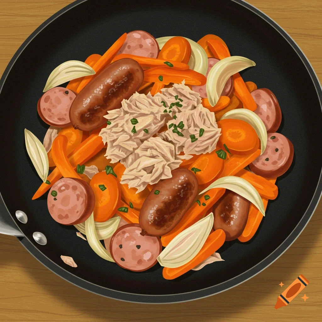 Sausage, tuna, carrots, and onions are cooking in a black pan.